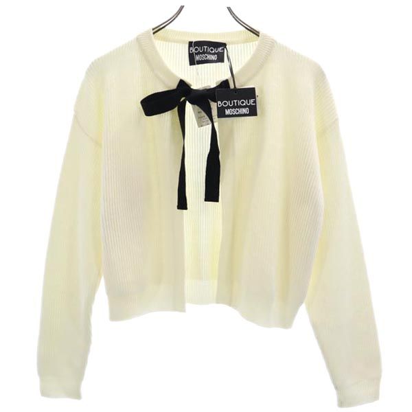 未使用 BOUTIQUE MOSCHINO ブティックモスキーノ ウール 長袖 ニットカーディガン 40 ホワイト系 フロントリボン レディース