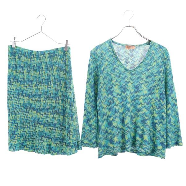 Missoni ミッソーニ イタリア製 総柄 長袖 スカートスーツ 上下 セットアップ 46/44 ブルー系 レディース