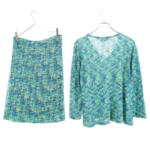 Missoni ミッソーニ イタリア製 総柄 長袖 スカートスーツ 上下 セットアップ 46/44 ブルー系 レディース