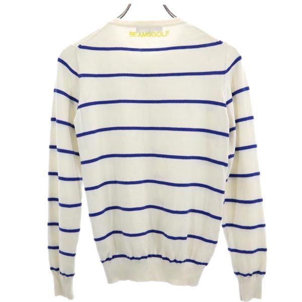 BEAMS ビームス カシミヤブレンド ボーダー柄 ロゴ刺繍 ゴルフ 長袖 ニットカーディガン M ホワイト×ブルー レディース