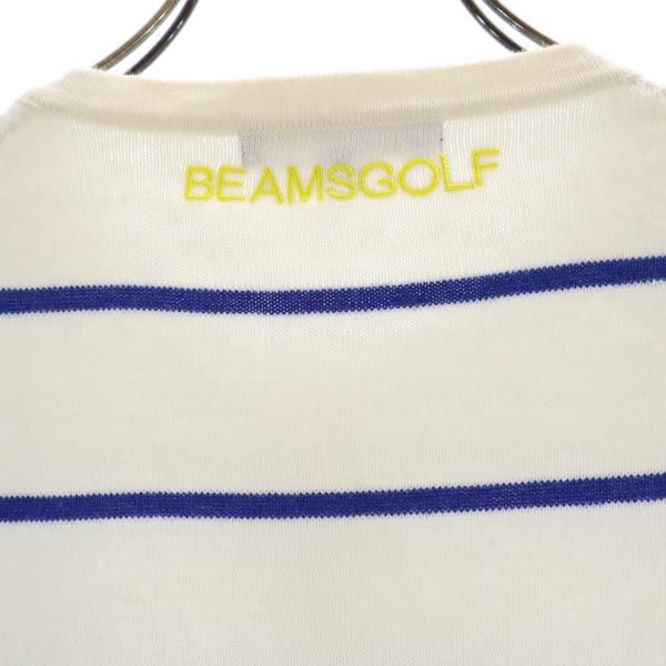 BEAMS ビームス カシミヤブレンド ボーダー柄 ロゴ刺繍 ゴルフ 長袖 ニットカーディガン M ホワイト×ブルー レディース
