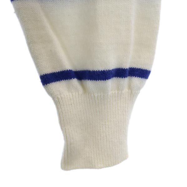 BEAMS ビームス カシミヤブレンド ボーダー柄 ロゴ刺繍 ゴルフ 長袖 ニットカーディガン M ホワイト×ブルー レディース