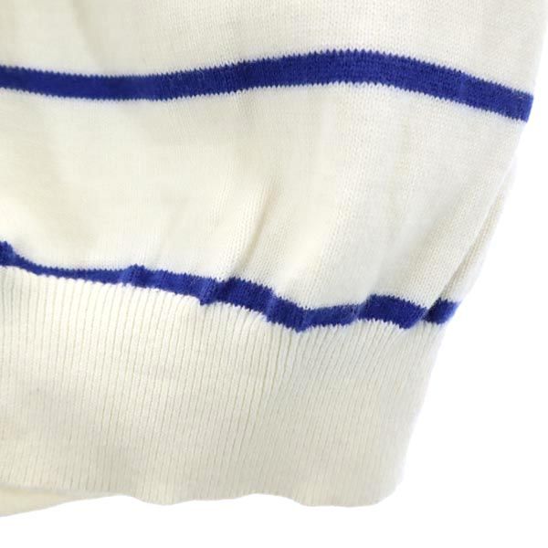 BEAMS ビームス カシミヤブレンド ボーダー柄 ロゴ刺繍 ゴルフ 長袖 ニットカーディガン M ホワイト×ブルー レディース