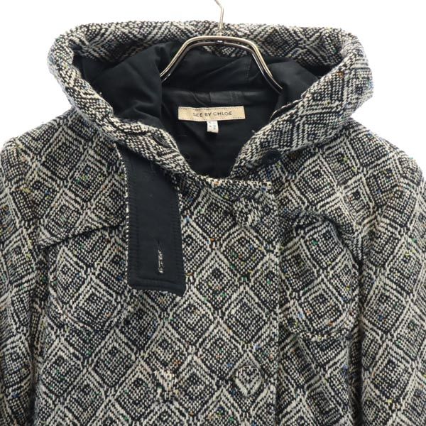 SEE BY CHLOE シーバイクロエ ウールブレンド 総柄 ピーコート 40 黒系 フーディー レディース