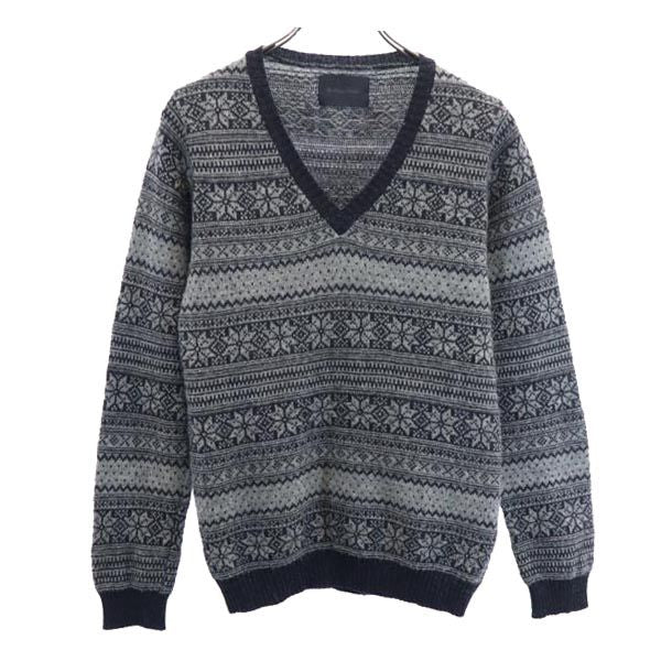 LOUNGE LIZARD ラウンジリザード 日本製 ウール 総柄 長袖 Vネック ニット 2 グレー系 セーター メンズ