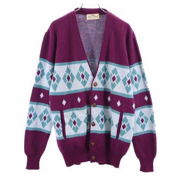 FRUIT OF THE LOOM フルーツオブザルーム 80s ビンテージ ウールブレンド 総柄 長袖 Vネック ニット カーディガン M メンズ