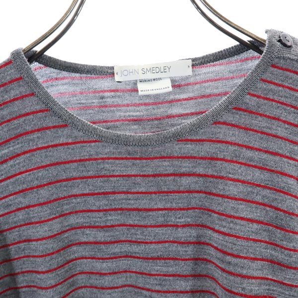 JOHN SMEDLEY ジョンスメドレー 英国製 ボーダー柄 長袖 ニット グレー×レッド セーター レディース