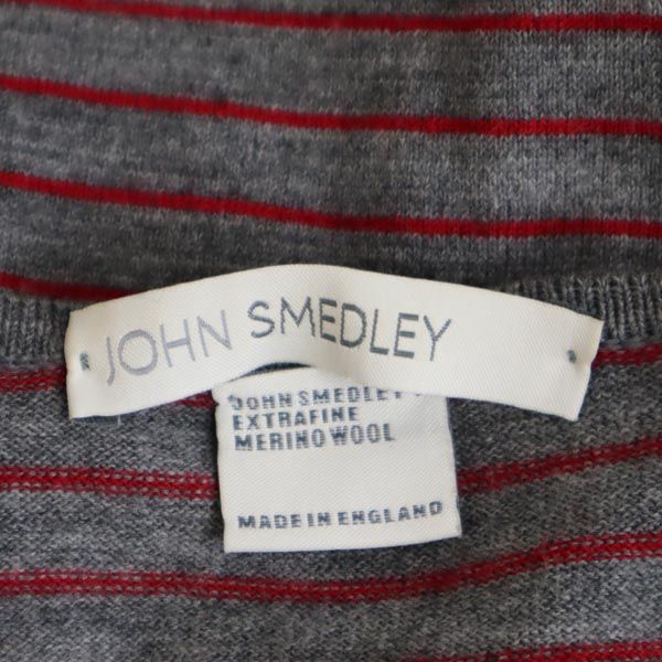 JOHN SMEDLEY ジョンスメドレー 英国製 ボーダー柄 長袖 ニット グレー×レッド セーター レディース