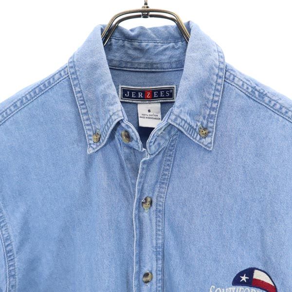 JERZEES ジャージーズ ロゴ刺繍 長袖 デニム ボタンダウンシャツ S メンズ