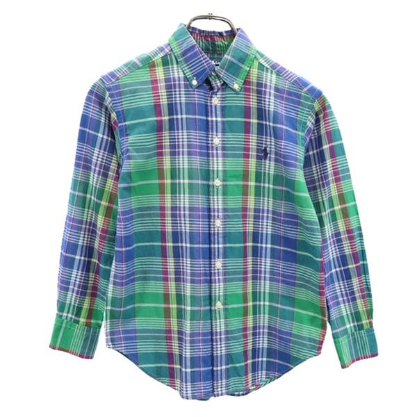 RALPH LAUREN ラルフローレン チェック 長袖 ボタンダウンシャツ S(8) グリーン系 ロゴ刺_ キッズ