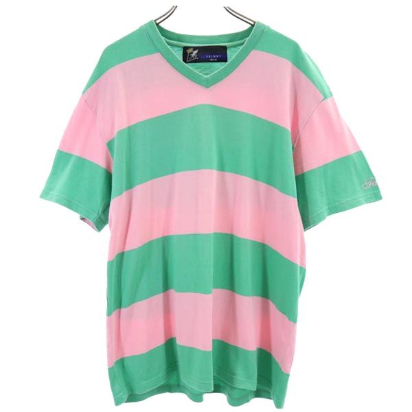 FAT エフエーティー ボーダー柄 半袖 Vネック Tシャツ SKINNY ピンク×グリーン メンズ