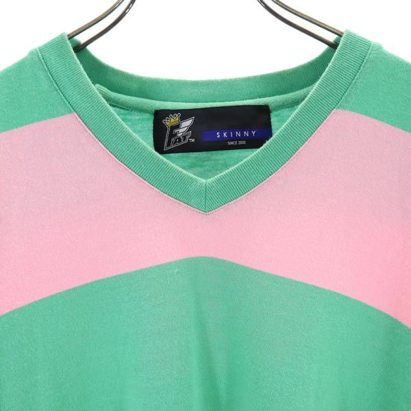 FAT エフエーティー ボーダー柄 半袖 Vネック Tシャツ SKINNY ピンク×グリーン メンズ