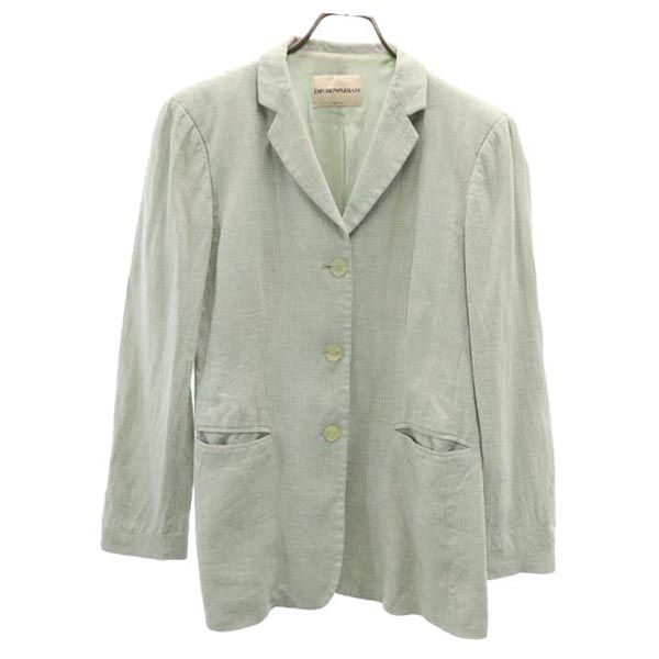 Emporio Armani エンポリオアルマーニ イタリア製 リネン シルクブレンド チェック柄 長袖 テーラードジャケット 40 グリーン系 メンズ