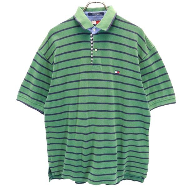 TOMMY HILFIGER トミーヒルフィガー 90s オールド フラッグタグ ボーダー 半袖 ポロシャツ L グリーン系 鹿の子 メンズ
