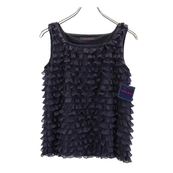 未使用 PREGA プレガ 日本製 ノースリーブ 段々フリル カットソー 38 ネイビー系 レディース