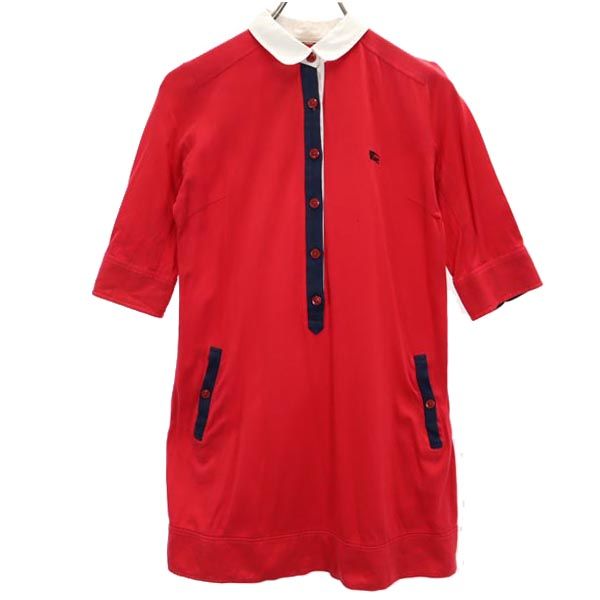 BURBERRY BLUE LABEL バーバリーブルーレーベル 三陽商会 ロゴ刺繍 5分袖 ワンピース 38 赤×紺 レディース