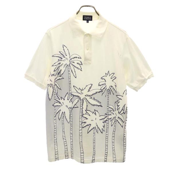 PEARLY GATES パーリーゲイツ 日本製 ヤシの木 ゴルフ 半袖 ポロシャツ 4 ホワイト系 鹿の子 ヤシの木 メンズ