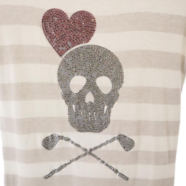 MARK&LONA マークアンドロナ ラインストーンスカル ボーダー柄 ゴルフ 半袖 Tシャツ S グレー×白 レディース