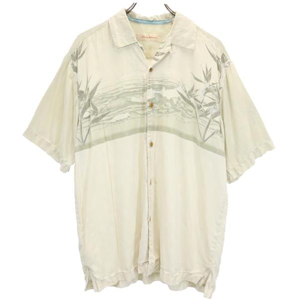 トミーバハマ シルク100% 半袖 アロハシャツ M ベージュ系 Tommy Bahama オープンカラー メンズ