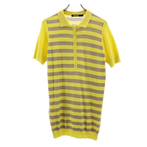 DKNY DONNA KARAN NEW YORK ダナキャランニューヨーク 日本製 ボーダー柄 半袖 ポロシャツ M イエロー×グレー レディース