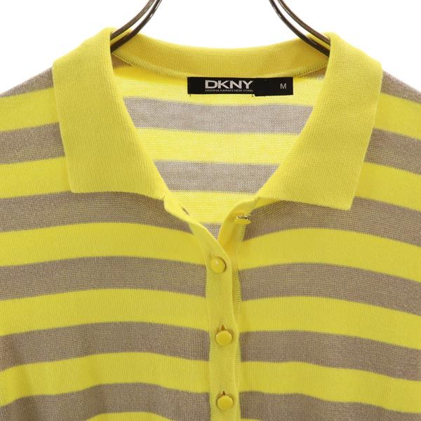 DKNY DONNA KARAN NEW YORK ダナキャランニューヨーク 日本製 ボーダー柄 半袖 ポロシャツ M イエロー×グレー レディース