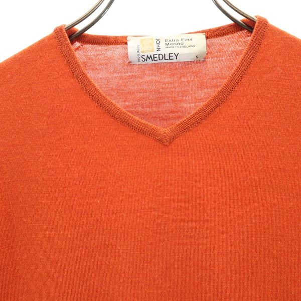 JOHN SMEDLEY ジョンスメドレー 英国製 ウール 5分袖 Vネック セーター S オレンジ系 ニット レディース