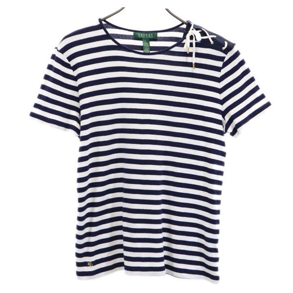 LAUREN RALPH LAUREN ローレンラルフローレン ボーダー 半袖 シャツ L ネイビー×ホワイト レースアップ リボン レディース