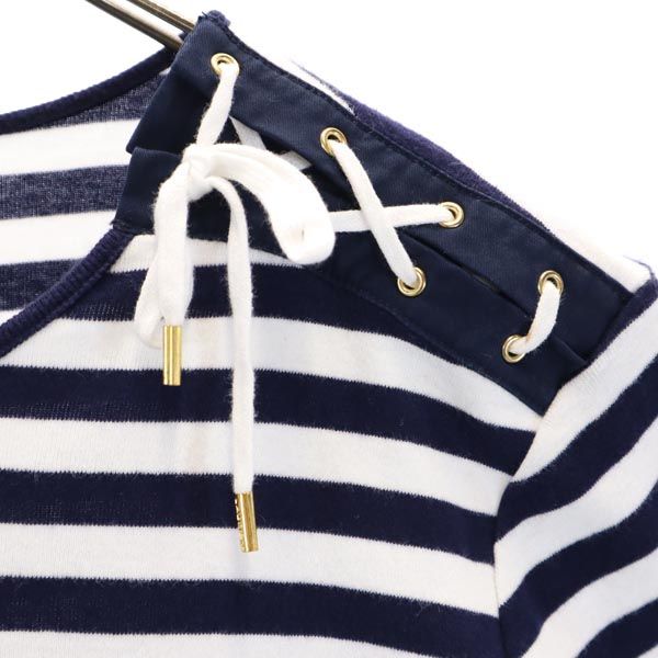 LAUREN RALPH LAUREN ローレンラルフローレン ボーダー 半袖 シャツ L ネイビー×ホワイト レースアップ リボン レディース