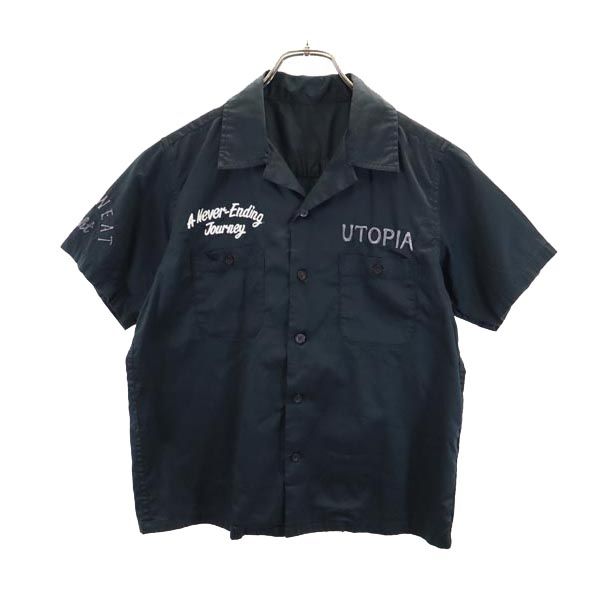 バック 刺繍 半袖 ワークシャツ 黒 メンズ