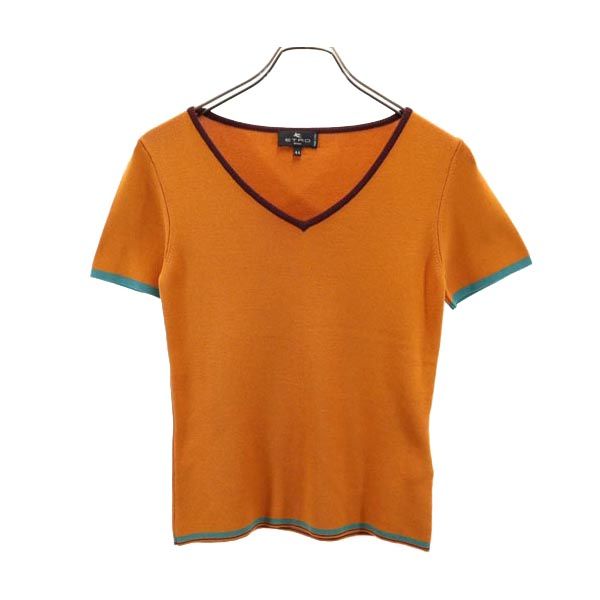 ETRO エトロ イタリア製 シルクブレンド 半袖 Vネック セーター 44 オレンジ ニット レディース