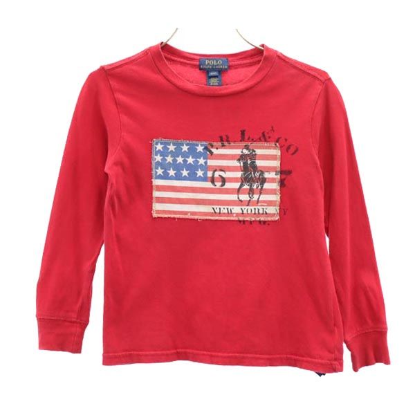 ポロラルフローレン 星条旗プリント 長袖 Tシャツ 4 レッド POLO RALPH LAUREN ロンT キッズ