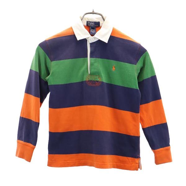 Polo by Ralph Lauren ポロバイラルフローレン ボーダー 長袖 ポロシャツ 7 ネイビー×オレンジ×グリーン ラガーシャツ キッズ