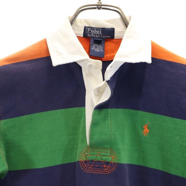 Polo by Ralph Lauren ポロバイラルフローレン ボーダー 長袖 ポロシャツ 7 ネイビー×オレンジ×グリーン ラガーシャツ キッズ