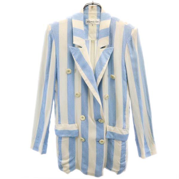 YVES SAINT LAURENT イヴサンローラン 日本製 ストライプ柄 テーラードジャケット 38 ブルー×ホワイト レディース