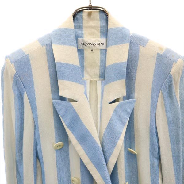 YVES SAINT LAURENT イヴサンローラン 日本製 ストライプ柄 テーラードジャケット 38 ブルー×ホワイト レディース