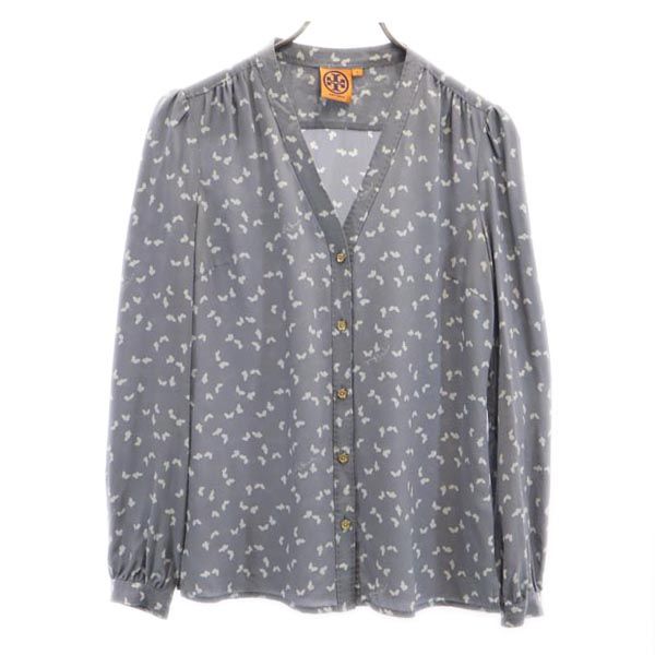 Tory Burch トリーバーチ シルク 総柄 長袖 ノーカラー シャツ 2 グレー系 レディース