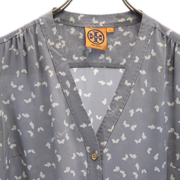 Tory Burch トリーバーチ シルク 総柄 長袖 ノーカラー シャツ 2 グレー系 レディース