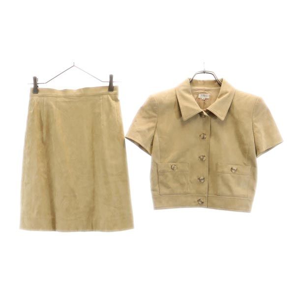 FOXEY フォクシー 日本製 フェイクレザー スカートスーツ 上下 セットアップ 40 ベージュ テーラードジャケット レディース