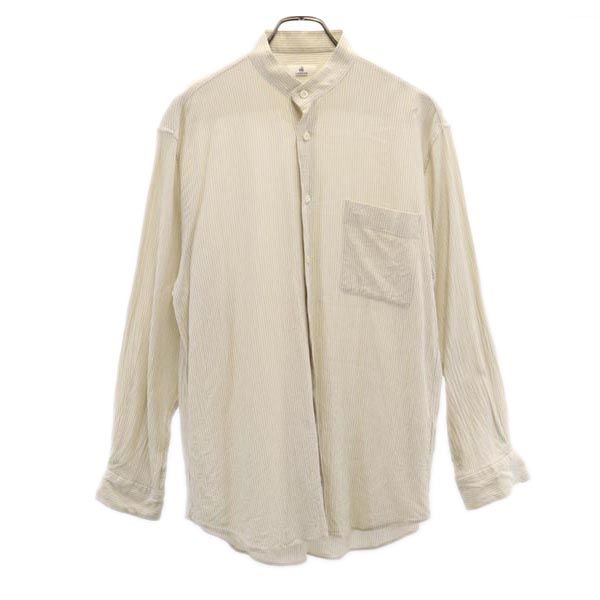 LANVIN ランバン ストライプ柄 長袖 バンドカラー Tシャツ 48 ベージュ系 メンズ