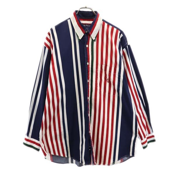 NAUTICA ノーティカ 90s オールド ボーダー柄 長袖 ボタンダウンシャツ L 紺×赤×白 メンズ