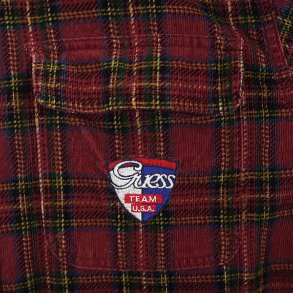 GUESS JEANS ゲスジーンズ 90s オールド コーデュロイ 長袖 チェックシャツ XL ボルドー メンズ