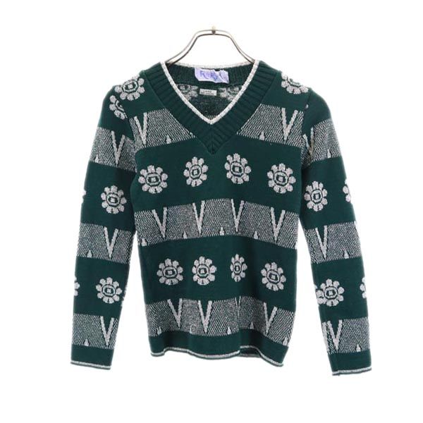 VINTAGE ヴィンテージ 80s フランス製 総柄 長袖 Vネット ニット 1 グリーン系 セーター レディース