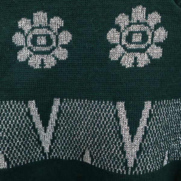 VINTAGE ヴィンテージ 80s フランス製 総柄 長袖 Vネット ニット 1 グリーン系 セーター レディース