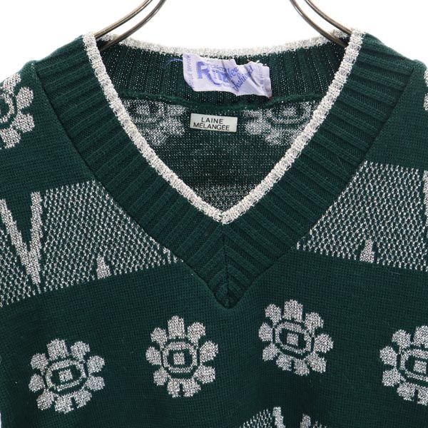 VINTAGE ヴィンテージ 80s フランス製 総柄 長袖 Vネット ニット 1 グリーン系 セーター レディース