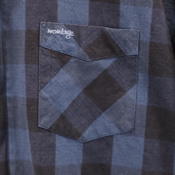 mtg. モンタージュ チェック 長袖 ジップ ボタンダウンシャツ L ネイビー系 リップストップ メンズ