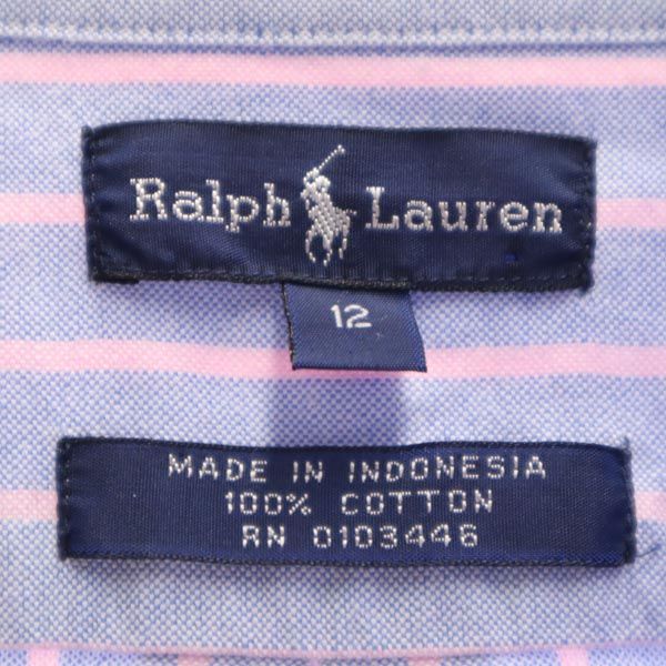 RALPH LAUREN ラルフローレン ストライプ柄 長袖 オックスフォード ボタンダウンシャツ 12 ブルー×ピンク キッズ