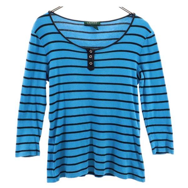 LAUREN RALPH LAUREN ローレンラルフローレン ボーダー 7分袖 ヘンリーネック Tシャツ M ブルー系 ロンT レディース