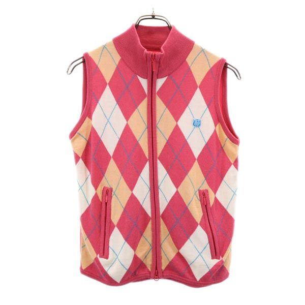 PEARLY GATES パーリーゲイツ アーガイル ゴルフ ジップアップ ニット ベスト 1 ピンク フリース 切替 ロゴ刺_ レディース
