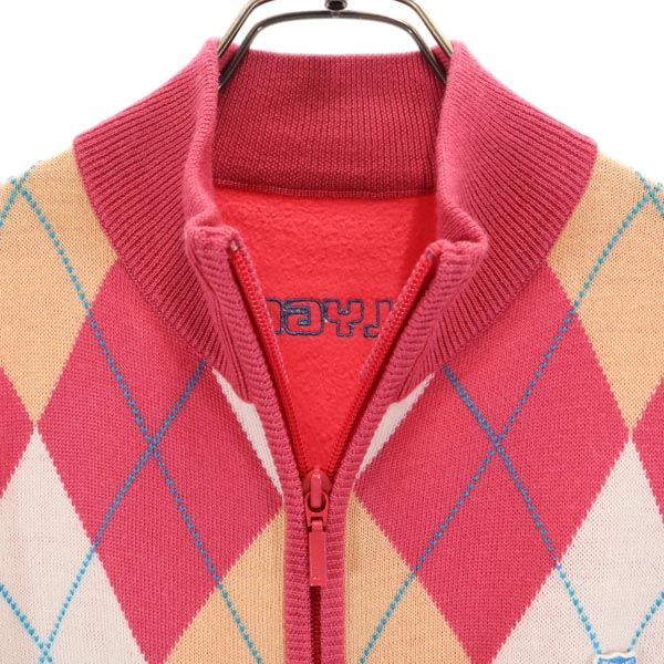PEARLY GATES パーリーゲイツ アーガイル ゴルフ ジップアップ ニット ベスト 1 ピンク フリース 切替 ロゴ刺_ レディース