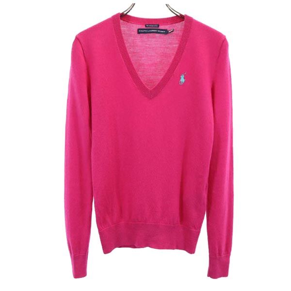 RALPH LAUREN SPORT ラルフローレン スポーツ ウール 長袖 Vネック ニット XS ピンク セーター ロゴ刺繍 レディース